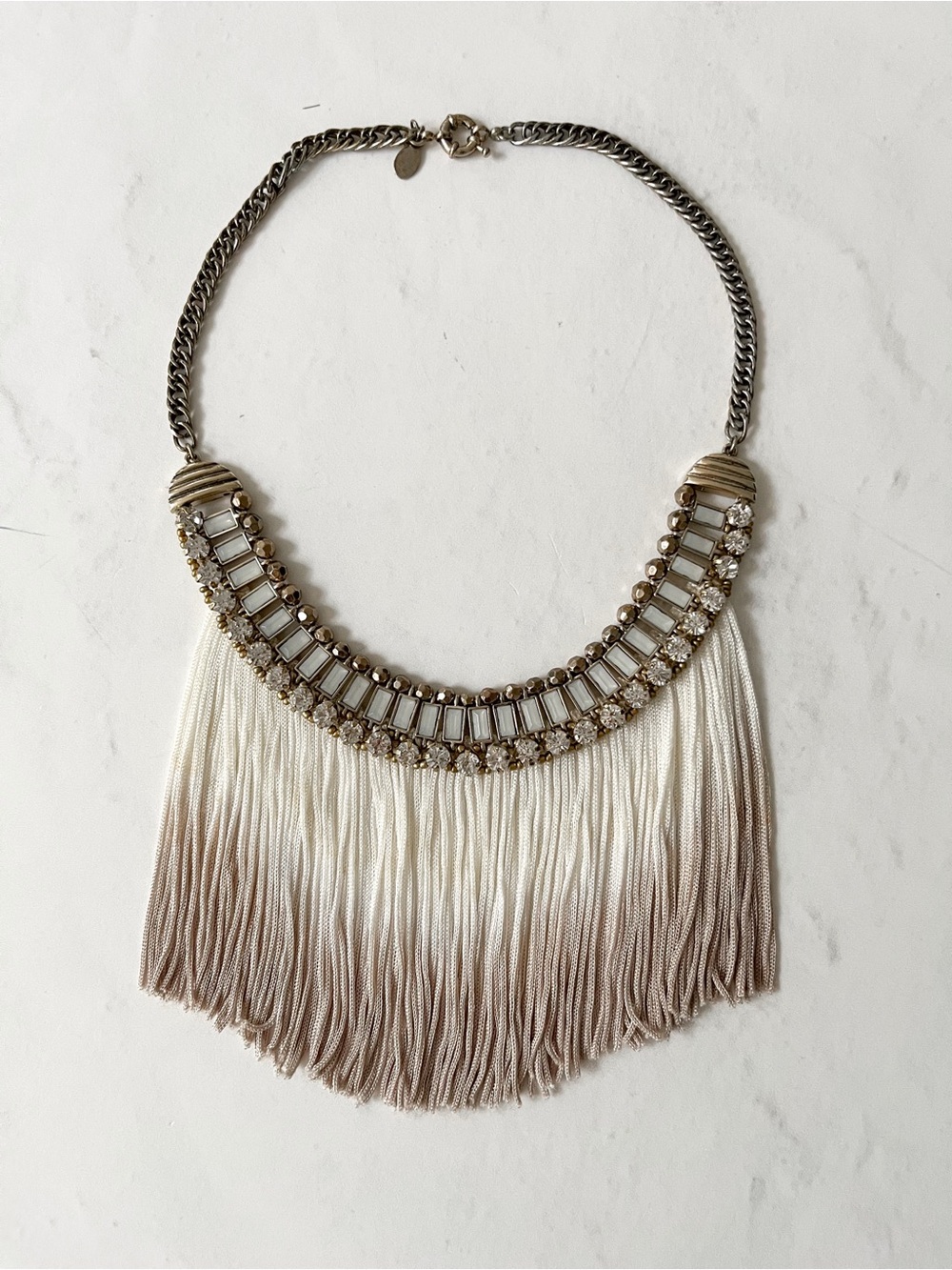 Express Cream Ombre Fringe Statement Bib Necklace Antique Gold Rhinestone Chain